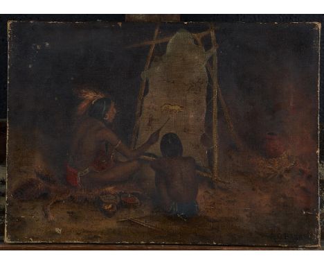 A G BARKER, EARLY 20TH CENTURY - NORTH AMERICAN INDIAN ARTIST AT HIS EASEL, SIGNED, OIL ON CANVAS, 25 X 35.5CM, UNFRAMED Cond