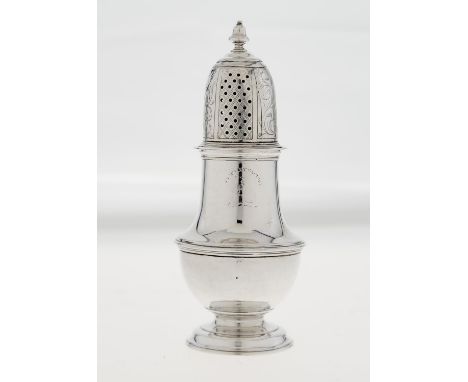A SCOTTISH GEORGE II SILVER CASTER AND COVER, 15CM H, CRESTED, MARKED UNDERNEATH, COVER APPARENTLY UNMARKED, WANTING MAKER'S 
