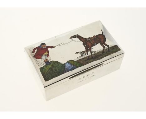 A FINE VICTORIAN SILVER AND ENAMEL CIGARETTE BOX, THE LID ENAMELLED WITH A HUMOROUS SCENE FROM THE HUNTING FIELD AFTER AN ILL