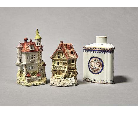 TWO GERMAN BISCUIT PORCELAIN HOUSE SHAPED NIGHT LIGHTS, LATE 19TH C, 12 AND 16CM H AND A REPRODUCTION TRIANGULAR PORCELAIN TE