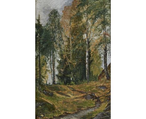 F W EVERS (EARLY 20TH C)- PATH THROUGH A WOOD, SIGNED AND DATED SEPT '24, WITH INSCRIPTION ON THE STRETCHER BRANCEILLES HOUSE