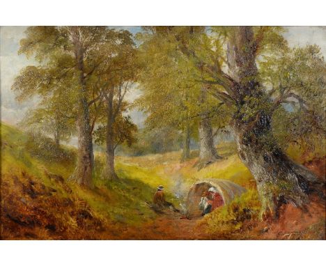 GEORGE TURNER (1841-1910)&nbsp; THE GIPSY CAMP IRETON WOODS NEAR DERBY&nbsp; SIGNED, SIGNED AGAIN, DATED 1909 AND INSCRIBED V