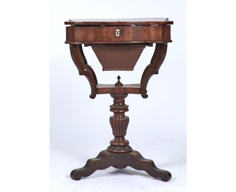 A CONTINENTAL MAHOGANY WORK TABLE, C1850, THE BUTTERFLY VENEERED TOP WITH SERPENTINE FRONT, INCURVED SIDES REVEALING AN INTER