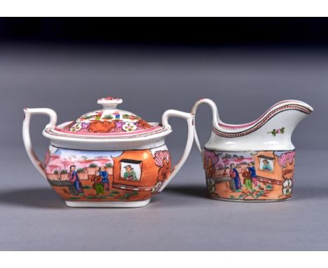 A NEW HALL OLD OVAL BOY AT THE WINDOW PATTERN CREAM JUG AND MATCHING NEW HALL BONE CHINA OBLONG SUGAR BOX AND COVER, PATTERN 
