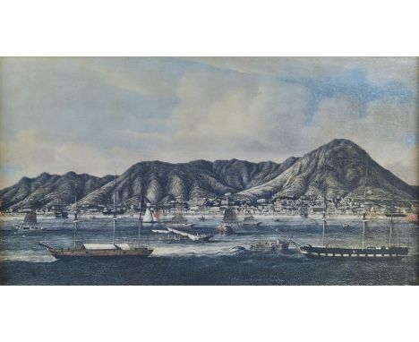 TWENTIETH CENTURY REPRODUCTION COLOUR PRINT OF A VIEW OF HONG KONG, C1860, 41 X 72CM, FRAMED Condition reportGood condition