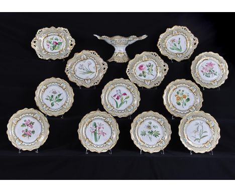 AN ENGLISH PORCELAIN BOTANICAL DESSERT SERVICE, WITH PIERCED AND MOULDED BORDER, THE MUSHROOM GROUND WITH SHADED BLUE AND SEA