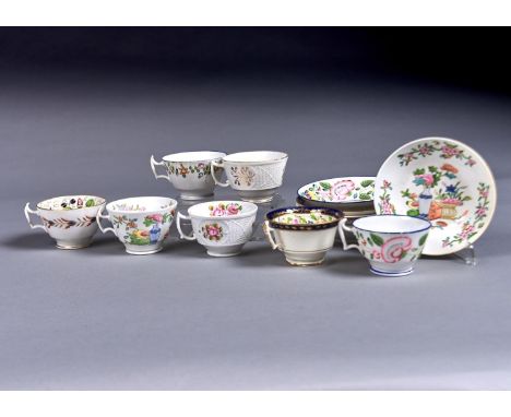 SEVEN NEW HALL PLAIN OR MOULDED TEACUPS AND SAUCERS OF LONDON SHAPE, VARIOUS PATTERNS, C1815-20, SAUCERS 14CM DIAM AND CIRCA 