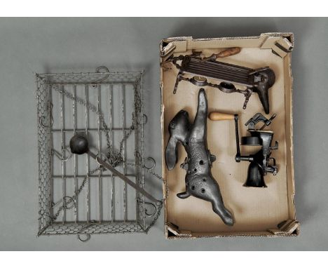 MISCELLANEOUS METALWARE, INCLUDING A RABBIT LANTERN, COFFEE GRINDER, OIL LAMP, ETC Condition report