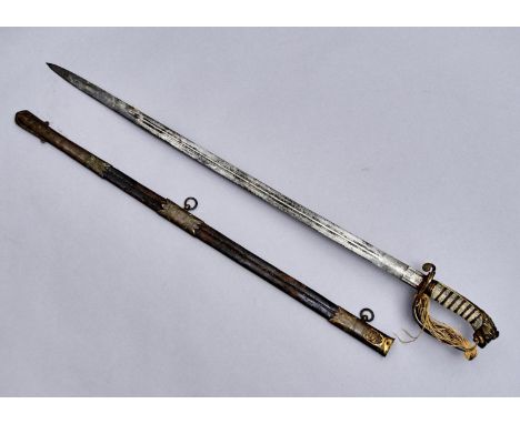 AN 1827 PATTERN ROYAL NAVAL OFFICER'S SWORD AND SCABBARD, LATE 19TH C, THE SO-CALLED CLAYMORE BLADE ENGRAVED WITH FOLIAGE, TH