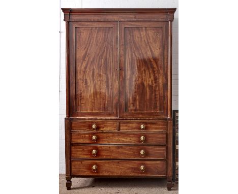 A GEORGE IV MAHOGANY AND PLUM PUDDING MAHOGANY LINEN PRESS, C1825, WITH EBONY AND SYCAMORE LINE-AND-SPOT INLAY THROUGHOUT, HA