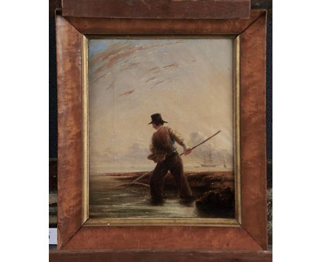 ATTRIBUTED TO WILLIAM COLLINS, RA (1788-1847) COAST SCENE WITH SHRIMPER, SHIPP[ING BEYOND, OIL ON CANVAS, 29 X 23CM Condition