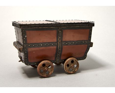 AN UNUSUAL FRENCH RAILWAY WAGON NOVELTY PAINTED STEEL&nbsp; CIGAR BOX, LATE 19TH C, WITH&nbsp; WOODEN BUFFER AT EITHER END, O