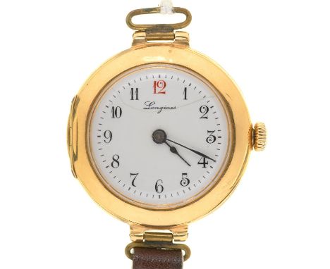AN 18CT GOLD LONGINES LADY'S WRISTWATCH, C1920, WITH ENAMEL DIAL AND GOLD CUVETTE, 29MM, SWISS CONTROL MARKS, 20GCondition re