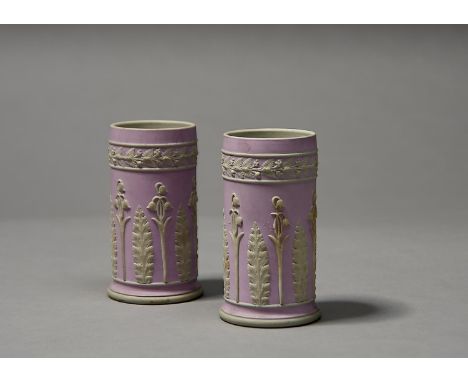 A PAIR OF STAFFORDSHIRE PALE PINK JASPER DIP SPILL VASES, POSSIBLY DUDSON, C1880, IN WEDGWOOD STYLE, SPRIGGED WITH BELL FLOWE