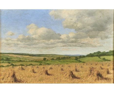 EDWARD M ELLIOTT (EXHIBITED 1920-34) - A DEVONSHIRE CORNFIELD, SIGNED, SIGNED AGAIN AND INSCRIBED WITH THE TITLE AND PRICE £4