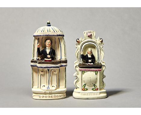 TWO STAFFORDSHIRE FLATBACK PORTRAIT FIGURES OF CHARLES OR JOHN WESLEY AND CHARLES HADDON SPURGEON, MID 19TH C, AT A PREACHING