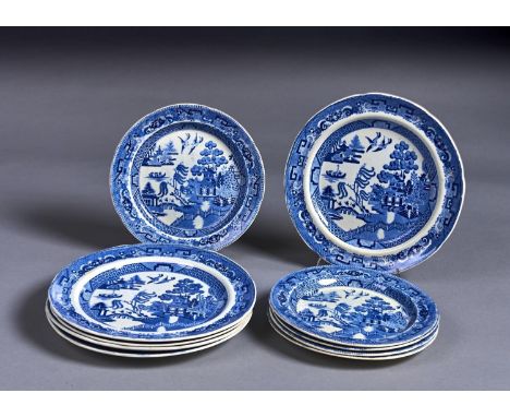 TWO SETS OF FOUR AND FIVE BLUE PRINTED EARTHENWARE WILLOW PATTERN PLATES AND ONE OTHER, ALL C1830, 21.5 X 25.5CM Condition re