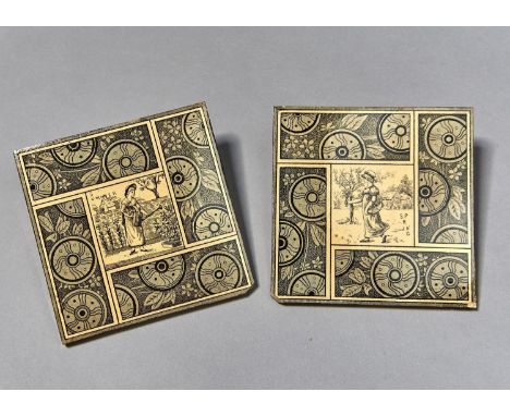 SPRING AND SUMMER. A PAIR OF AESTHETIC T &amp; R BOOTE 6" WALL TILES DESIGNED BY KATE GREENAWAY, C1881, PRINTED IN BLACK WITH