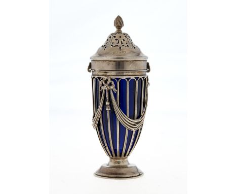 AN EDWARDIAN&nbsp; SILVER WIREWORK SUGAR CASTER AND COVER, APPLIED WITH FESTOONS AND BOWS, BLUE GLASS LINER, 17CM H, BY HASEL