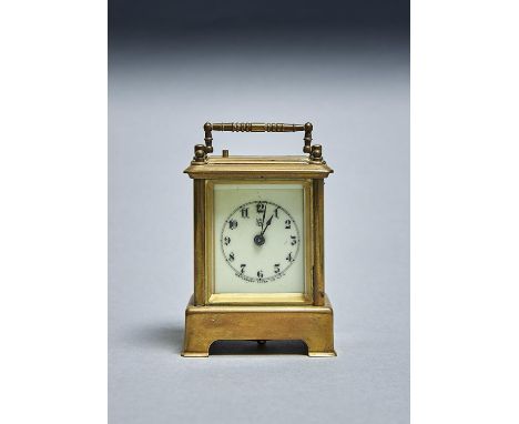 AN AMERICAN BRASS CARRIAGE ALARM CLOCK, WATERBURY CLOCK CO, C1891, 10CM H EXCLUDING HANDLE, STAMPED PATENT DATES TO JAN 13 18