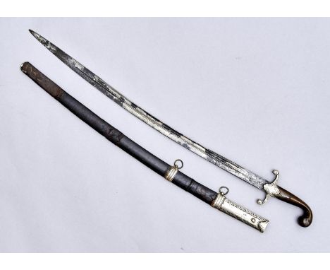 AN OTTOMAN SILVER MOUNTED SWORD, SHAMSHIR, 19TH C, THE BLADE WITH TWO FULLERS, CHASED SILVER QUILLONS AND RHINOCEROS HORN GRI