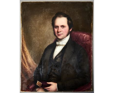 AN OUTSIDE-DECORATED DAVENPORT PORCELAIN PLAQUE, C1850, PAINTED WITH A PORTRAIT OF A GENTLEMAN SEATED IN A RED ARMCHAIR, A BO