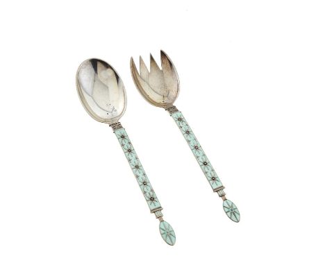 A PAIR OF NORWEGIAN SILVER GILT AND ENAMEL SALAD SERVERS, SECOND QUARTER 20TH C, BY J TOSTRUP, OSLO, MAKER'S MARKS, 3OZS Cond