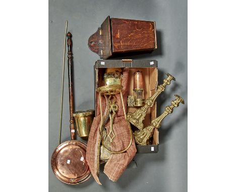AN OAK CANDLE BOX, A BRASS NUT ROASTER, MINER'S LAMP, PAIR OF CANDLESTICKS, WARMING PAN AND SIAMESE BANNER, ETC Condition rep