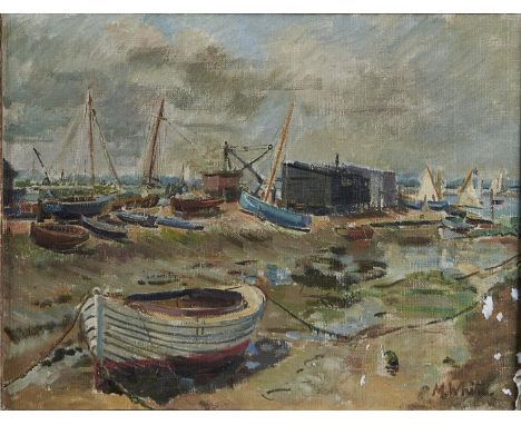 MARY WHITE (FL LATE 20TH CENTURY) - THE CREEK ALDEBRUGH, SIGNED, OIL ON CANVAS, 34 X 44.5CM Condition reportVarnish requires 