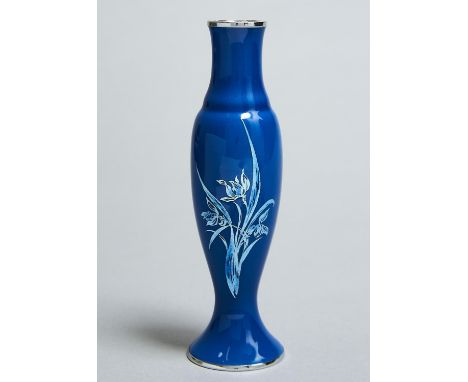 A JAPANESE SLENDER TRANSLUCENT BLUE ENAMEL VASE, 20TH C, 21CM H Condition reportGood condition
