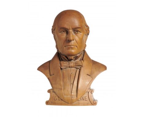 A FINE AND UNUSUAL BOXWOOD MEMORIAL PORTRAIT BUST OF WILLIAM EWART GLADSTONE, 1898, 23CM H, SIGNED WITH JG MONOGRAM, DEVICE A