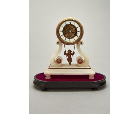 A FRENCH ALABASTER PUTTO-ON-A-SWING MANTEL TIMEPIECE, EUGENE FARCOT, C1870, THE DRUM CASED MOVEMENT WITH RED ENAMEL CHAPTER R