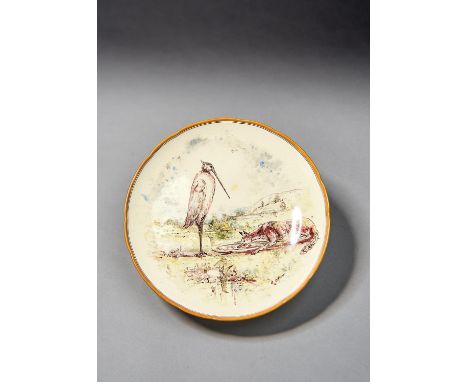 A WEDGWOOD QUEENSWARE FABLE PAINTED DESSERT STAND BY E LESSORE, SIGNED, C1870, PAINTED WITH AESOP'S FABLE OF THE FOX AND THE 