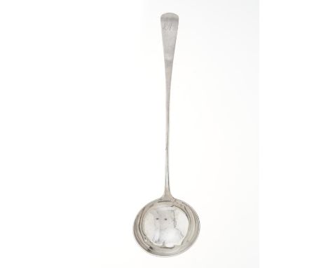 PERTH. A SCOTTISH PROVINCIAL SILVER SOUP LADLE, 1772-85, OLD ENGLISH PATTERN, INITIALLED J A, BY JAMES CORNFUTE, MAKER'S AND 