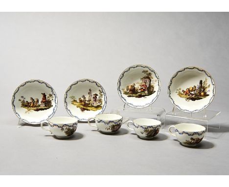 A SET OF FOUR MEISSEN, MARCOLINI, TEACUPS AND SAUCERS, C1790, PAINTED WITH RURAL SCENES WITH CHILDREN, ENTWINED BLUE RIBBON B