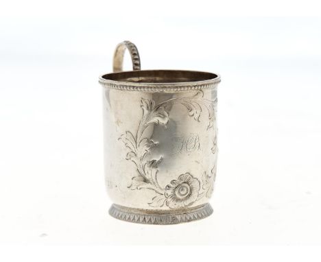A NORTH AMERICAN SILVER CHRISTENING MUG, LATE 19TH C, EMBOSSED WITH FOLIAGE AROUND ENGRAVED INITIALS, BEADED HANDLE AND RIMS,
