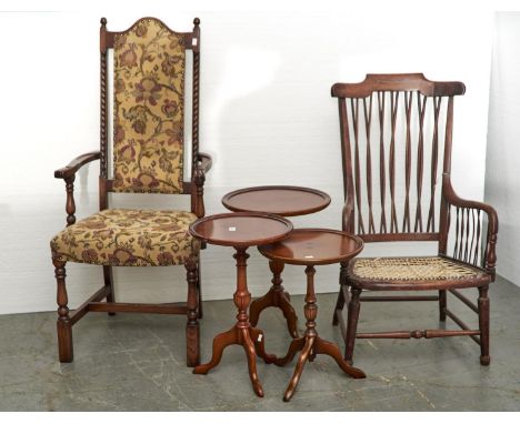 AN OAK HIGHBACK ELBOW CHAIR, MID - LATE 20TH C, THE ARCHED BACK FLANKED BY ACORN FINIALS AND SPLIT BARLEY TURNED PILLARS, SCR