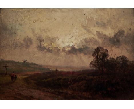 FOLLOWER OF DAVID COX - TRAVELLERS CROSSING A HEATH, OIL ON PANEL, 13 X 18CM Condition reportSome old ingrained dirt and rest
