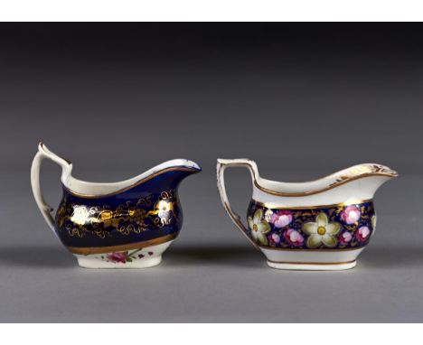 A NEW HALL CREAM JUG, PATTERN 1470 [U600], C1814-20, PAINTED WITH FLOWERS ON A WIDE COBALT AND GILT BAND, 95MM H AND ANOTHER 