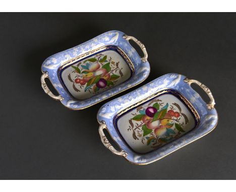 A PAIR OF NEW HALL MOULDED LAVENDER GROUND TWO HANDLED DESSERT DISHES, PATTERN 1706, C1818-25, BAT PRINTED AND PAINTED WITH F