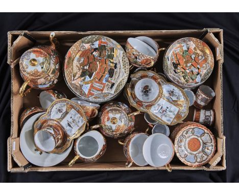 A KUTANI PORCELAIN COFFEE SET, PAIR OF CUP PLATES AND CUPS AND AN EXTENSIVE SAMURAI DECORATED EGGSHELL PORCELAIN TEA SERVICE,