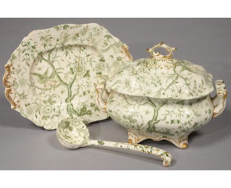 A BRAMELD GREEN PRINTED EARTHENWARE INDIA PATTERN SOUP TUREEN, COVER, STAND AND LADLE, 27CM H Condition reportLadle in good c