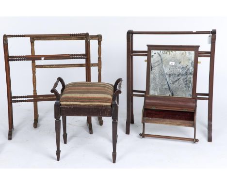 TWO VICTORIAN MAHOGANY TOWEL RAILS AND A PAINTED PINE TOWEL RAIL; TOGETHER WITH A MIRROR BACKED WALL SHELF WITH RAIL TO BASE 