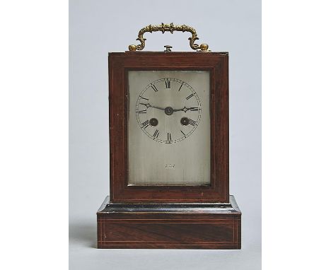 A FRENCH ROSEWOOD AND LINE INLAID MANTEL CLOCK, MID 19TH C, THE SILVERED DIAL AND SILK SUSPENSION BELL STRIKING MOVEMENT STAM