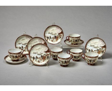 A SET OF SIX KUTANI PORCELAIN TEACUPS AND SEVEN SAUCERS, EARLY 20TH C, TYPICALLY DECORATED, SAUCER 12CM DIAM, PAINTED MARKS C