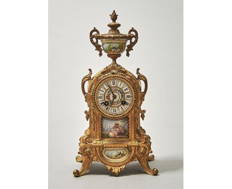 A&nbsp; FRENCH&nbsp; GILTMETAL MOUNTED SEVRES STYLE PORCELAIN&nbsp; MANTEL CLOCK, LATE 19TH C,&nbsp; SURMOUNTED BY URNS, CAST