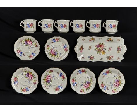 A SET OF SIX HAMMERSLEY BONE CHINA FLORAL TEACUPS AND SAUCERS AND A TRAY, TRAY 30CM L, PRINTED MARK Condition reportSlight we