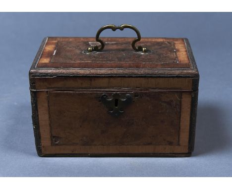 A GEORGE III WALNUT TEA CADDY, LATE 18TH C, CROSSBANDED AND LINE INLAID, BRASS HANDLES AND ESCUTCHEONS, 23CM L Condition repo