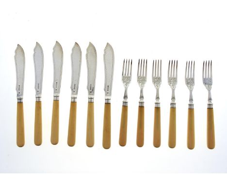 A SET OF SIX VICTORIAN SILVER FISH KNIVES AND FORKS, BONE HAFTED, BY WILLIAM HUTTON&nbsp; &amp; SONS, LONDON 1879 Condition r