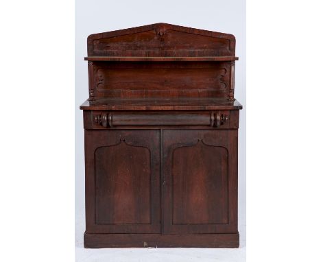 AN EARLY VICTORIAN ROSEWOOD CHIFFONIER, C1840, THE PANELLED SHAPED UPSTAND WITH SHELF AND HEXAGONAL TAPERED PILLARS, THE BASE